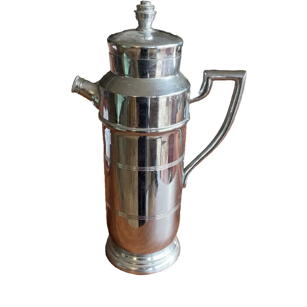 Vintage MCM Art Deco Chrome Charger Cocktail Pitcher‎ Barware Martini Shaker